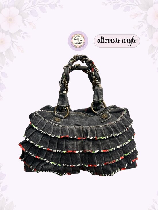 Y2K Betseyville Denim Ruffle Satchel • Betsey Johnson Cherry Charm Handbag - Picture 2 of 13